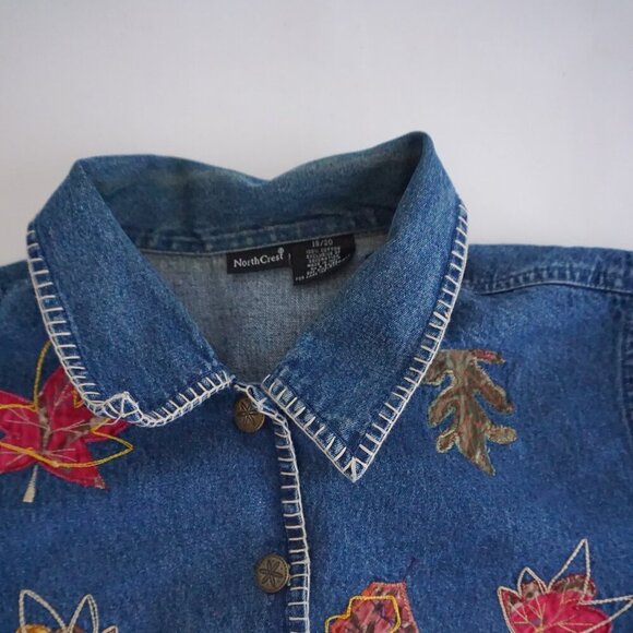 Vintage Northcrest Blue Denim Leaf Leaves Applique Button Cotton Jacket 18/20 - Picture 10 of 15
